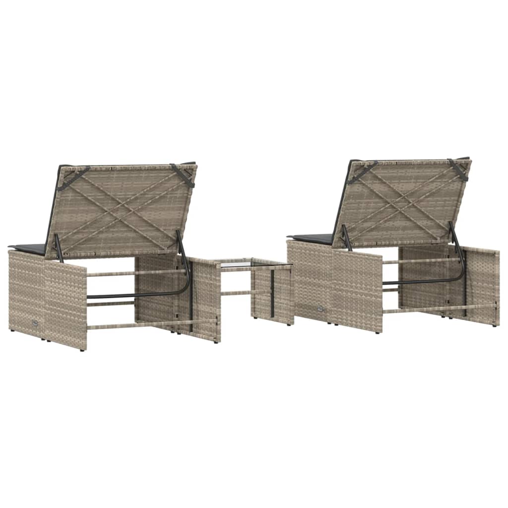 Sonnenliegen 2 Stk. mit Tisch Hellgrau Poly Rattan