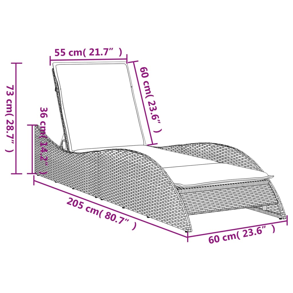 Bain de soleil avec coussin gris 60x205x73 cm poly rotin