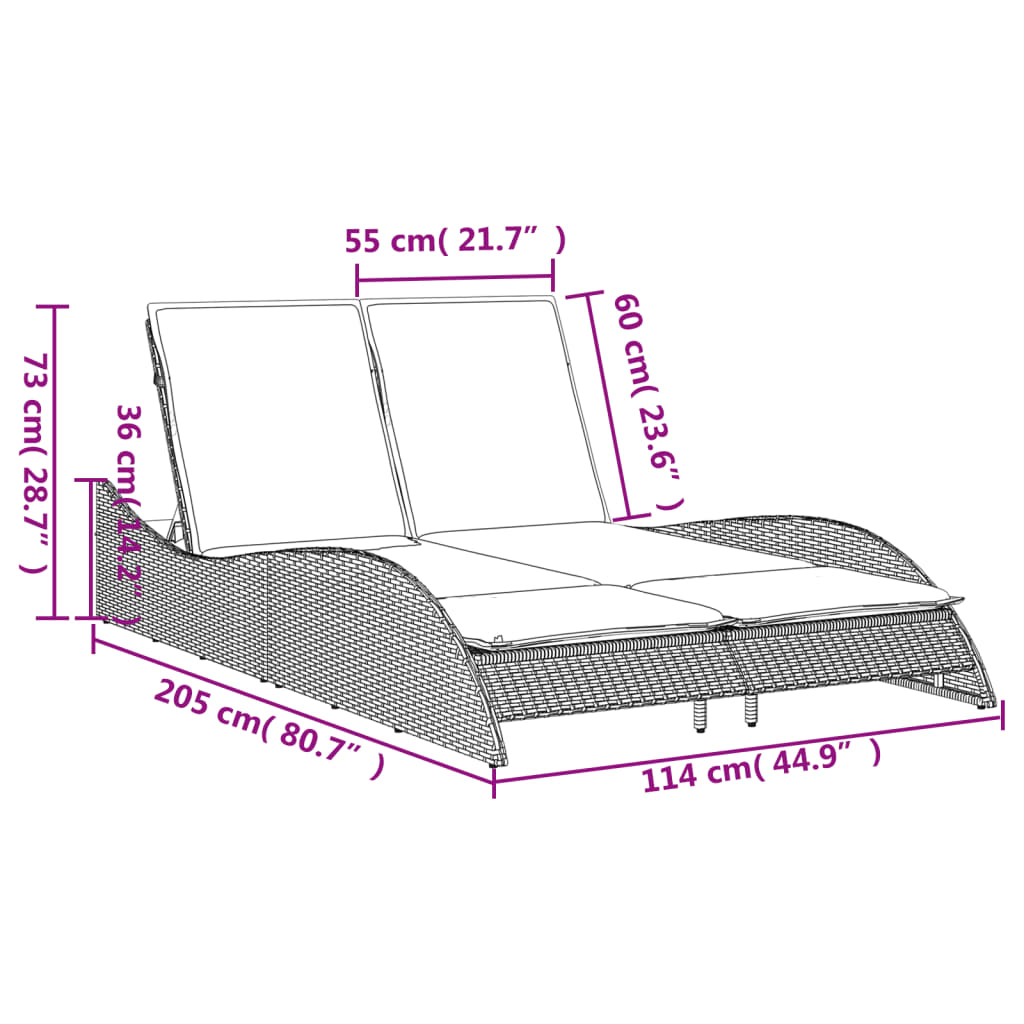 Bain de soleil avec coussins noir 114x205x73 cm poly rotin