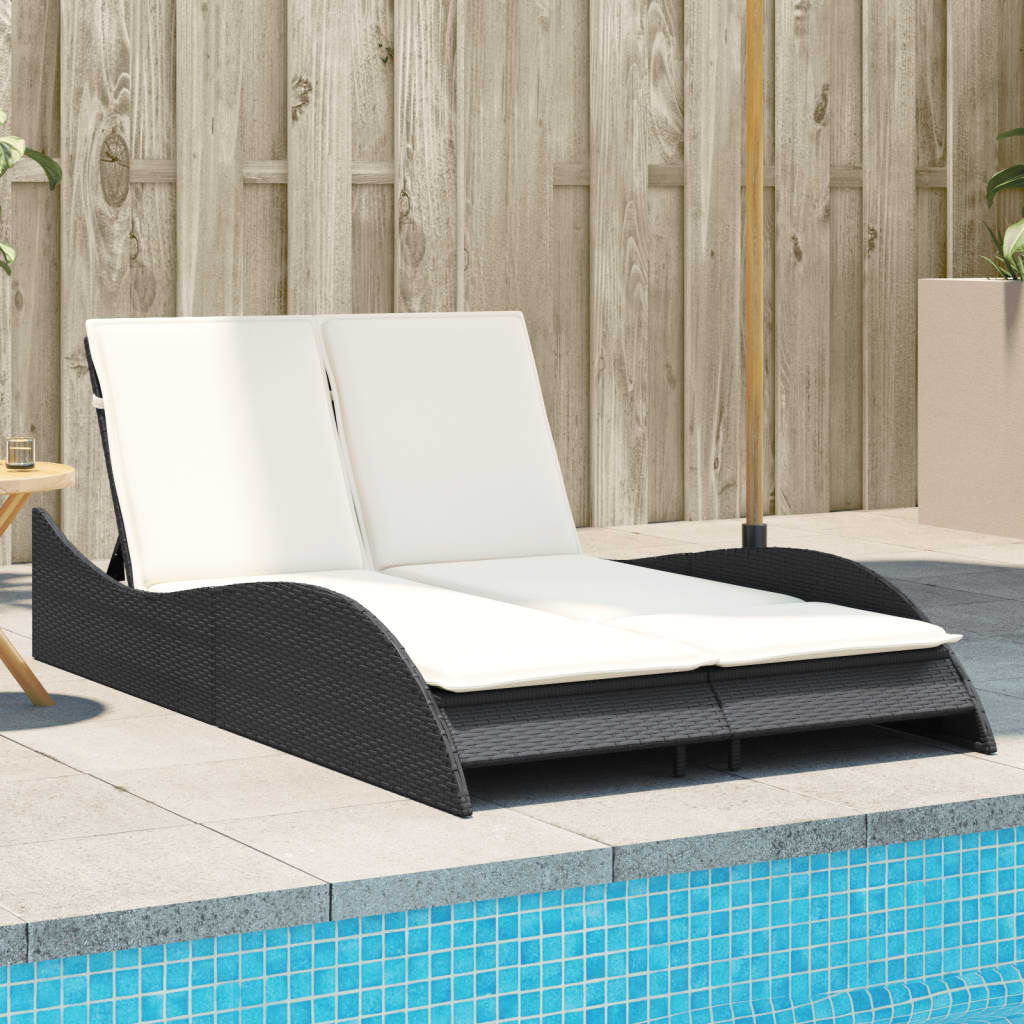 Bain de soleil avec coussins noir 114x205x73 cm poly rotin