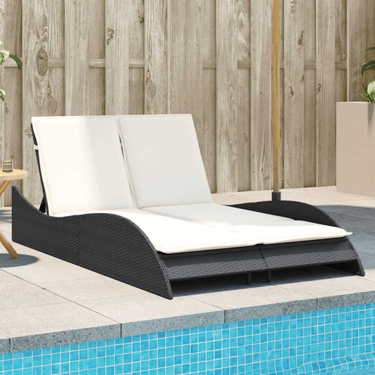 Bain de soleil avec coussins noir 114x205x73 cm poly rotin