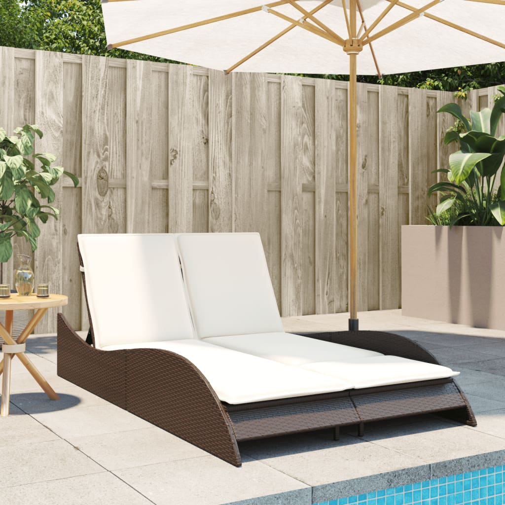 Bain de soleil avec coussins marron 114x205x73 cm poly rotin