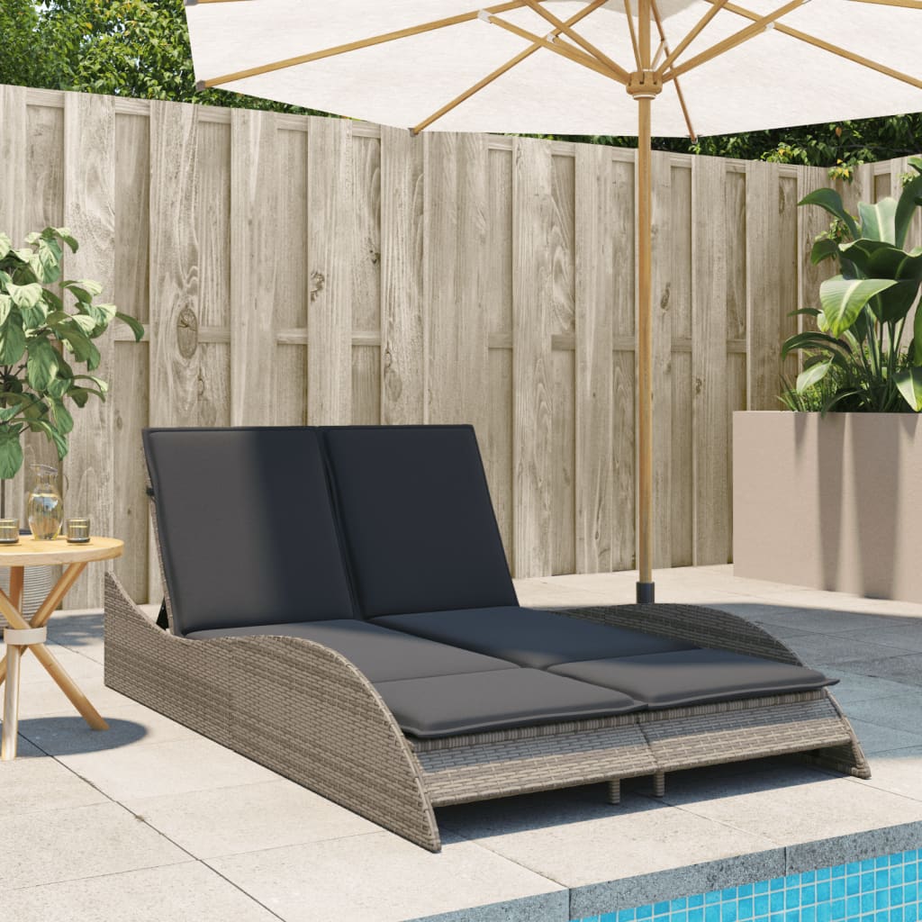 Bain de soleil avec coussins gris 114x205x73 cm poly rotin