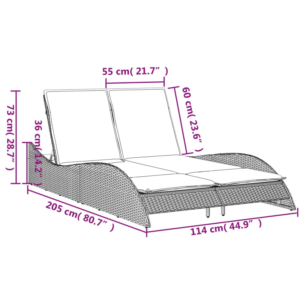 Bain de soleil avec coussins gris 114x205x73 cm poly rotin