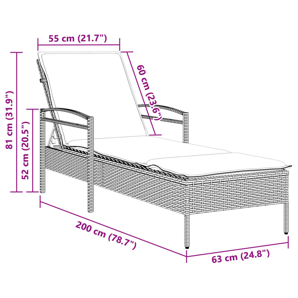 Bain de soleil avec coussin noir 63x200x81 cm poly rotin