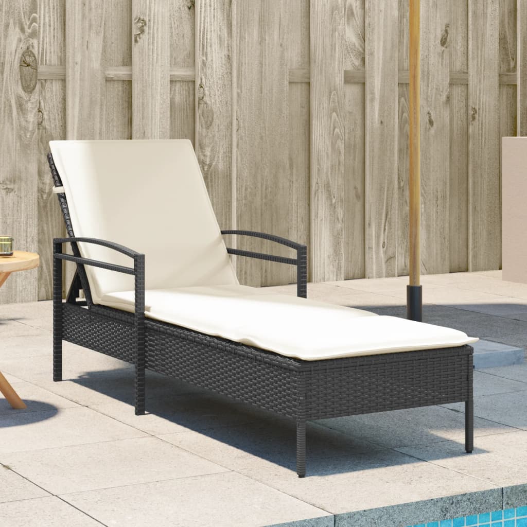 Bain de soleil avec coussin noir 63x200x81 cm poly rotin