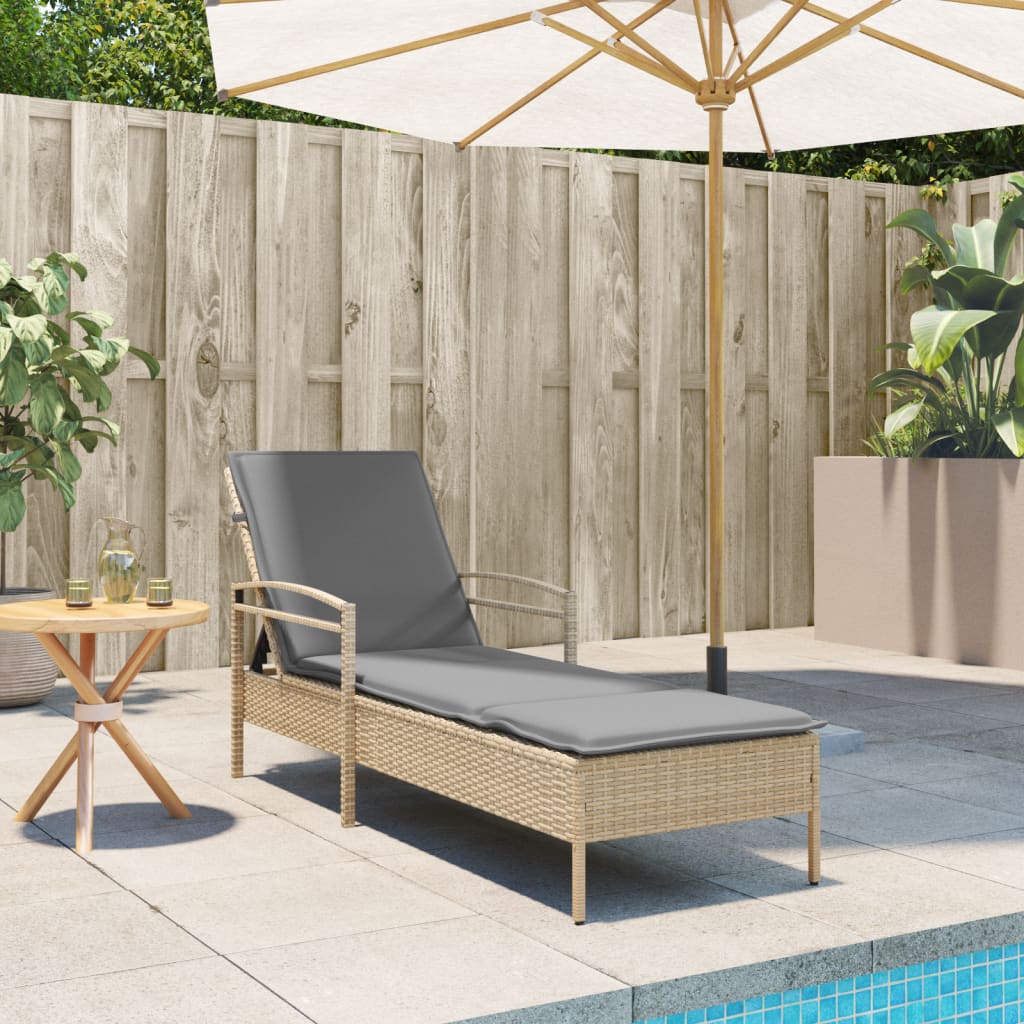 Bain de soleil avec coussin beige 63x200x81 cm poly rotin