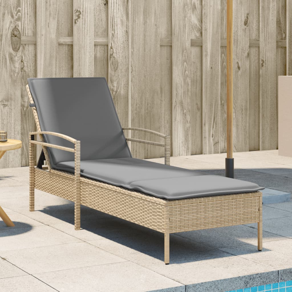 Bain de soleil avec coussin beige 63x200x81 cm poly rotin