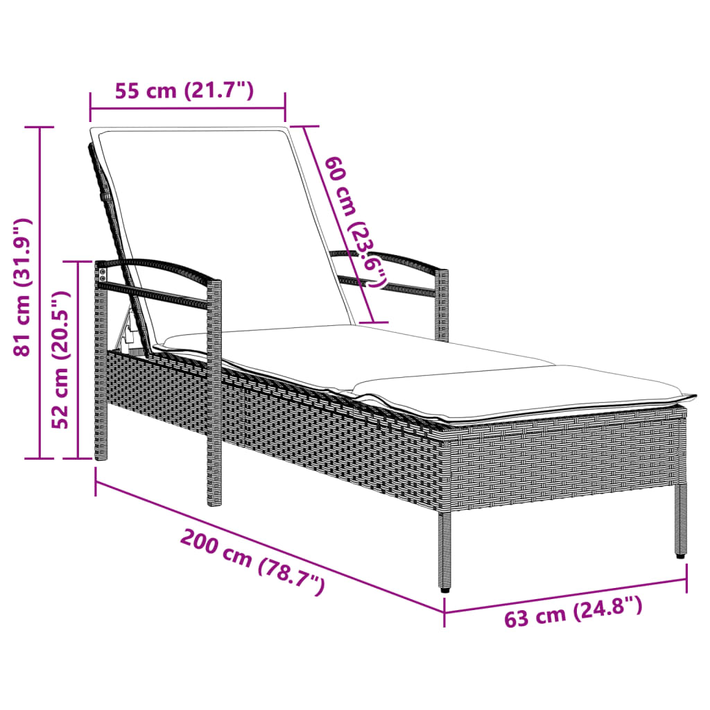 Bain de soleil avec coussin gris clair 63x200x81 cm poly rotin