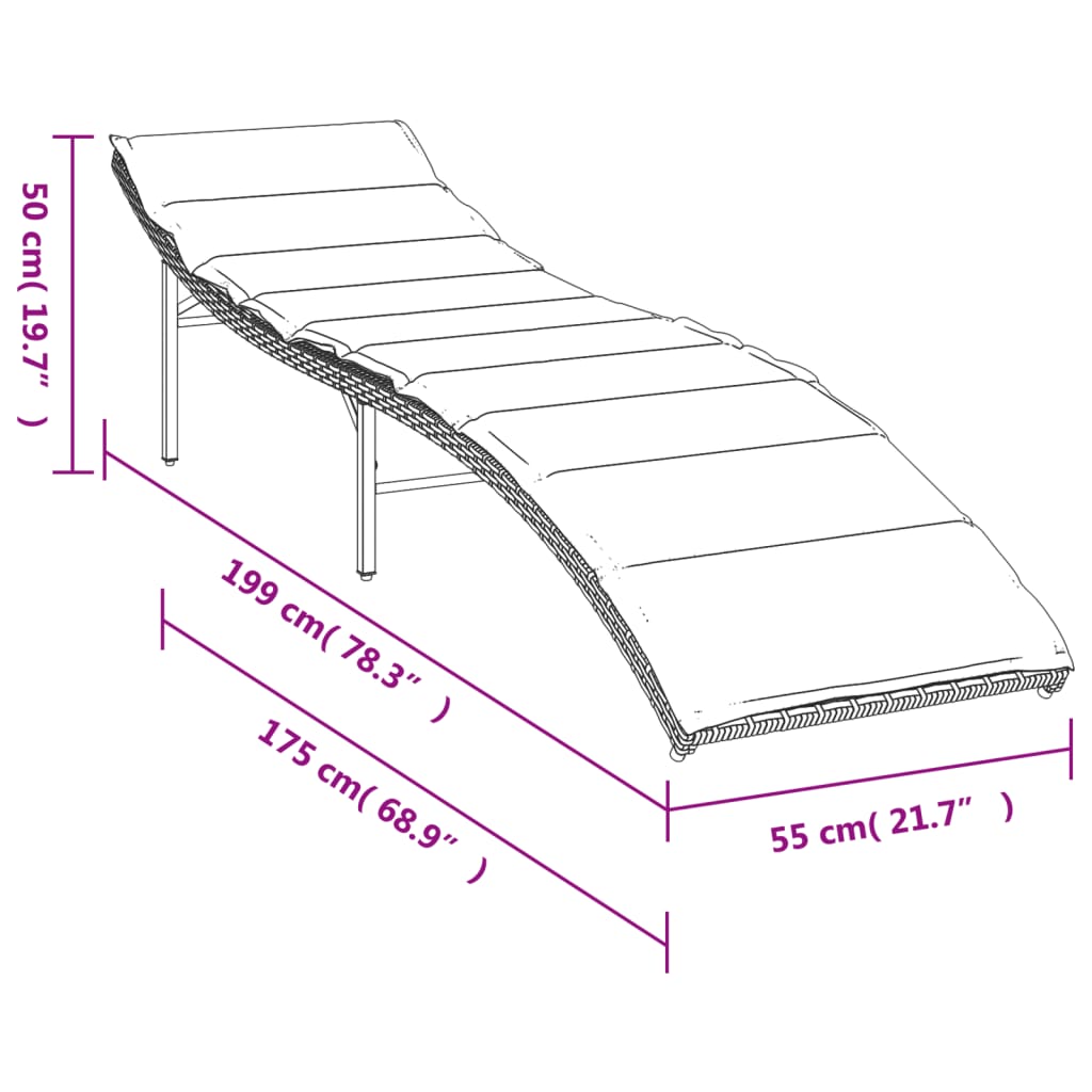 Bain de soleil avec coussin gris 55x199x50 cm poly rotin