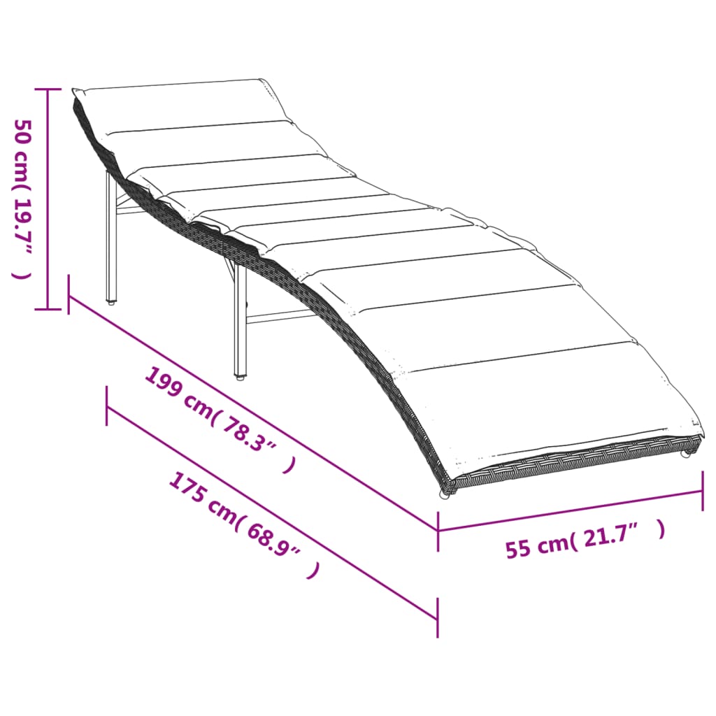 Bain de soleil avec coussin gris clair 55x199x50 cm poly rotin