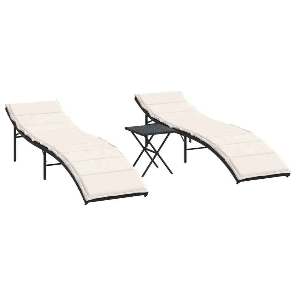 Chaises longues 2 pcs avec table en polyrotin noir