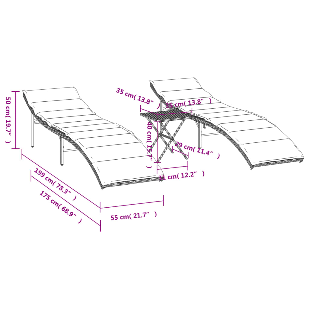 Chaises longues 2 pcs avec table en polyrotin noir