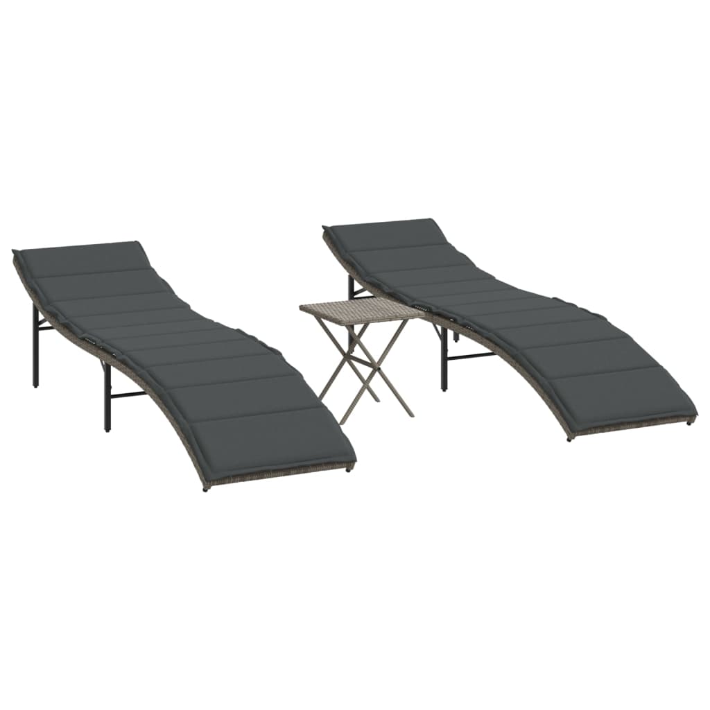 Chaises longues 2 pcs avec table en polyrotin gris