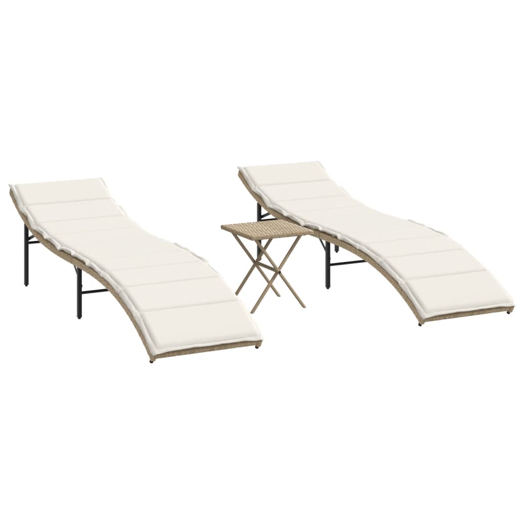 Chaises longues 2 pcs avec table en polyrotin beige