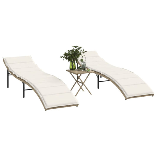 Chaises longues 2 pcs avec table en polyrotin beige