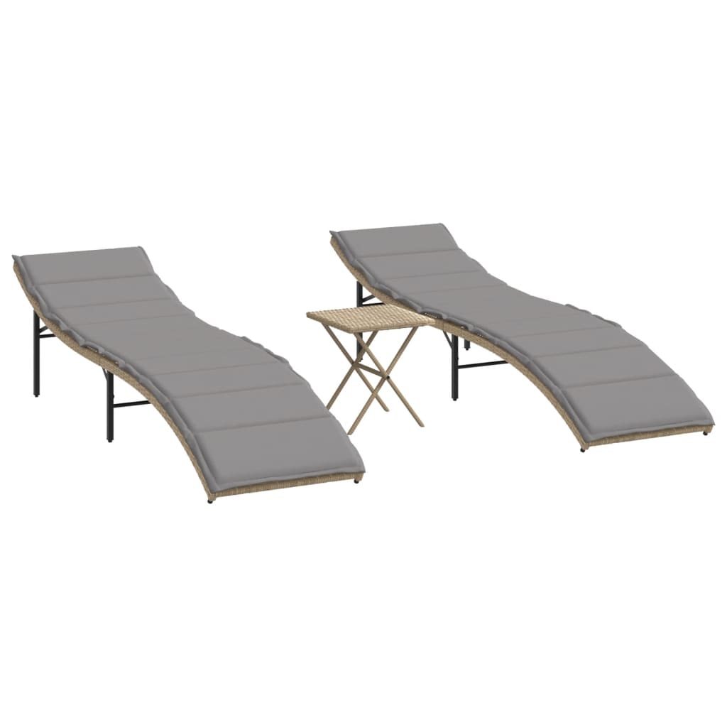 Chaises longues 2 pcs avec table en polyrotin beige