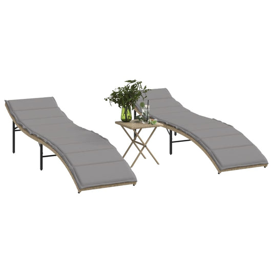 Chaises longues 2 pcs avec table en polyrotin beige