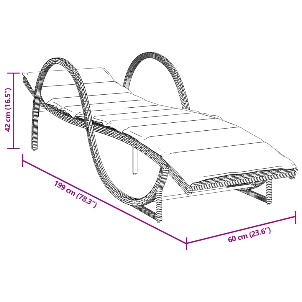 Bain de soleil avec coussin gris 60x199x42 cm poly rotin