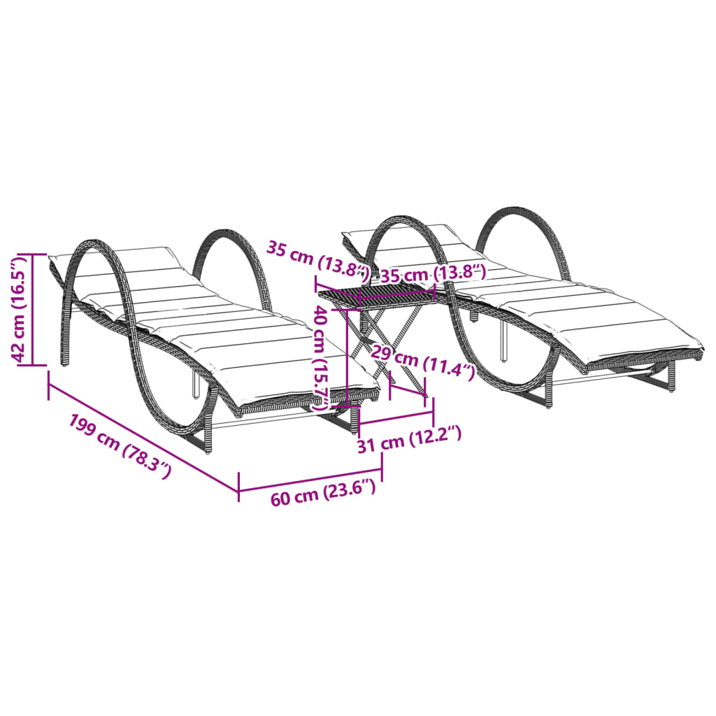 Sonnenliegen 2 Stk. mit Tisch Schwarz Poly Rattan