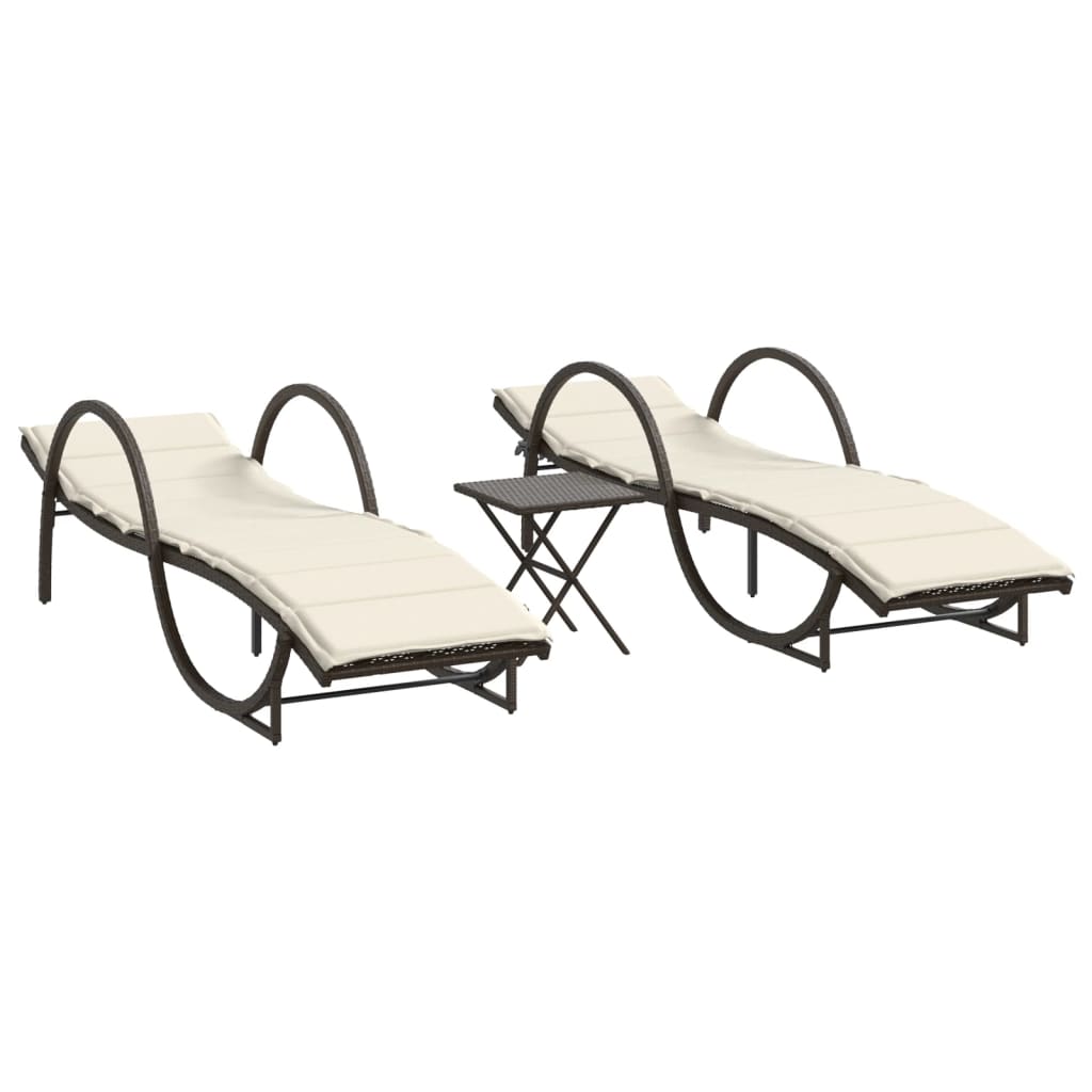 Chaises longues 2 pcs avec table en polyrotin marron