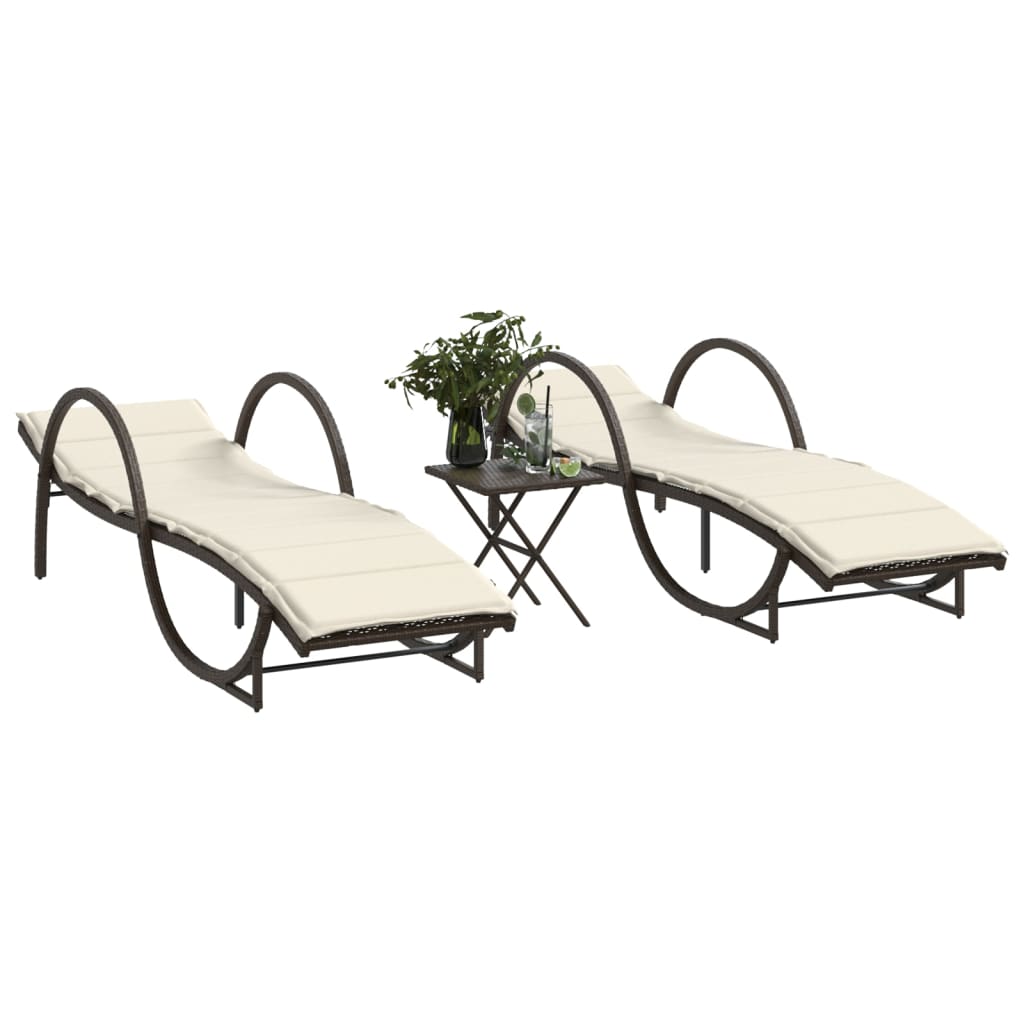 Chaises longues 2 pcs avec table en polyrotin marron