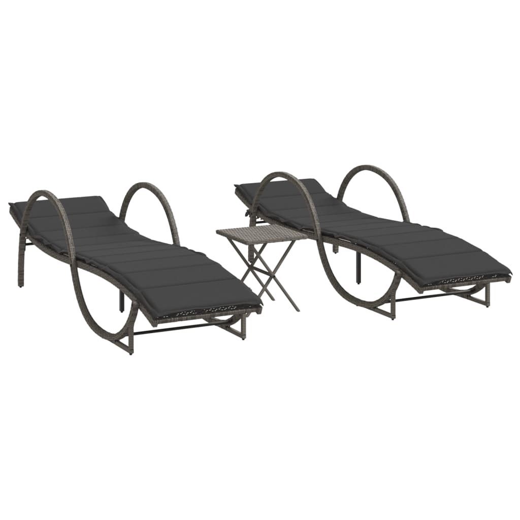 Chaises longues 2 pcs avec table en polyrotin gris