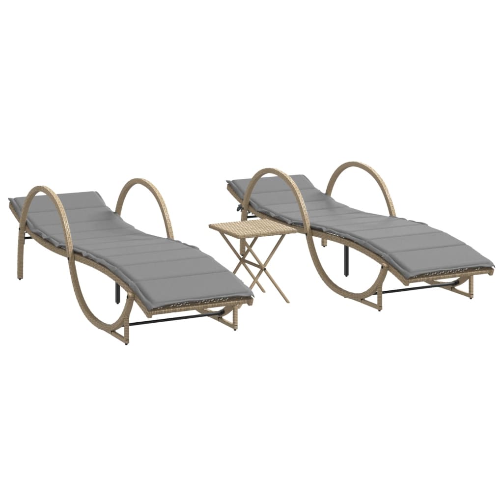 Chaises longues 2 pcs avec table en polyrotin beige