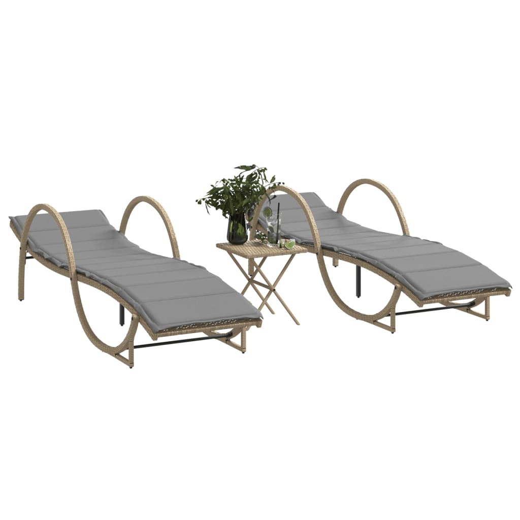 Chaises longues 2 pcs avec table en polyrotin beige