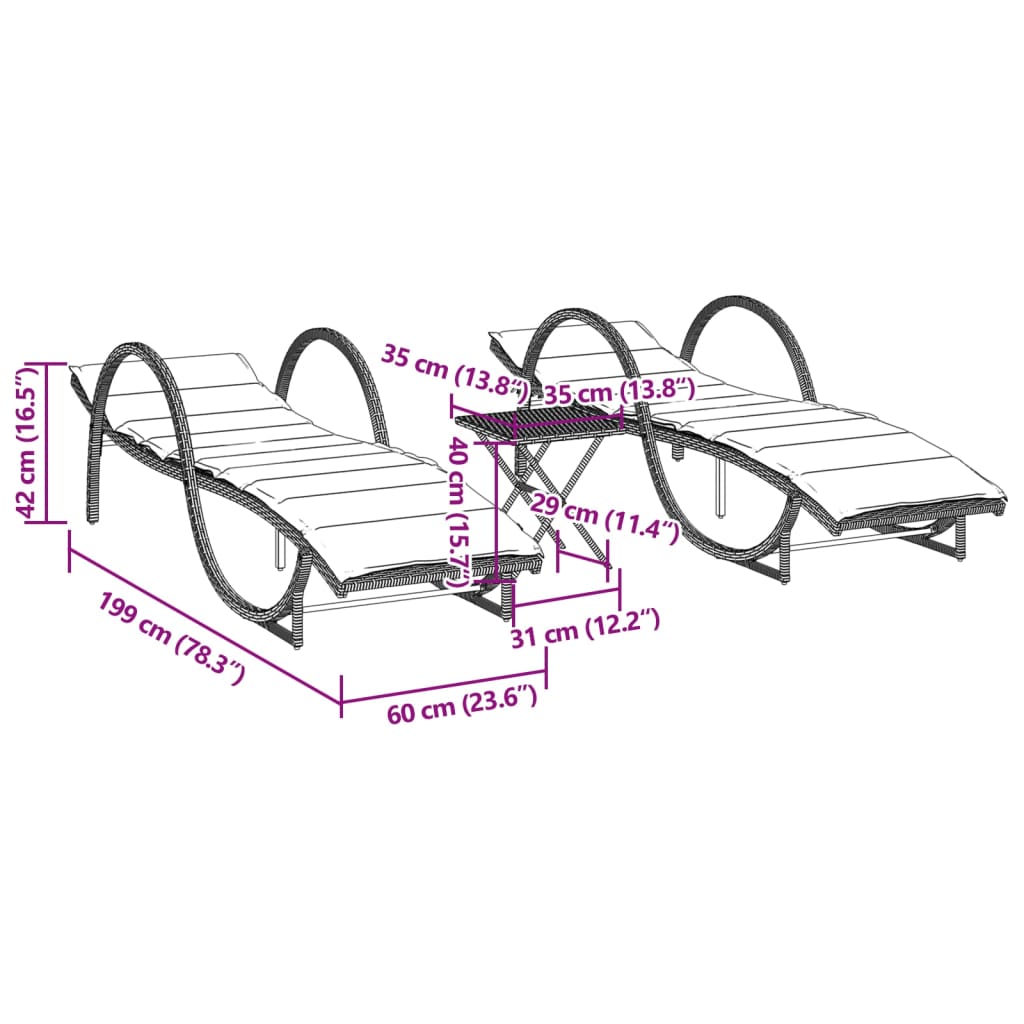 Sonnenliegen 2 Stk. mit Tisch Hellgrau Poly Rattan