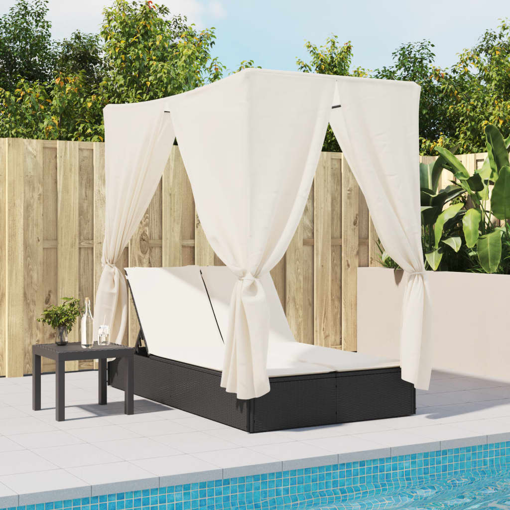 Bain de soleil double avec toit et rideaux Poly Rotin Noir