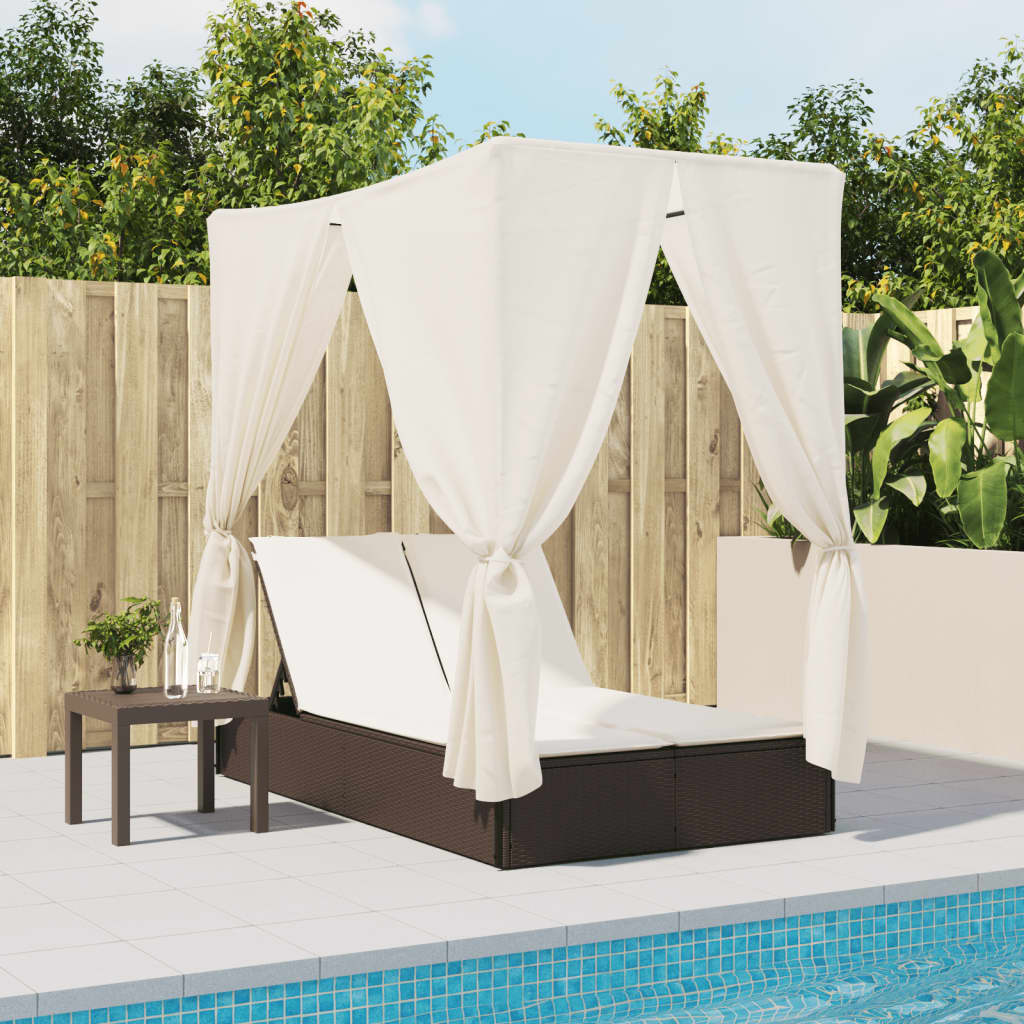 Bain de soleil double avec toit et rideaux en polyrotin marron