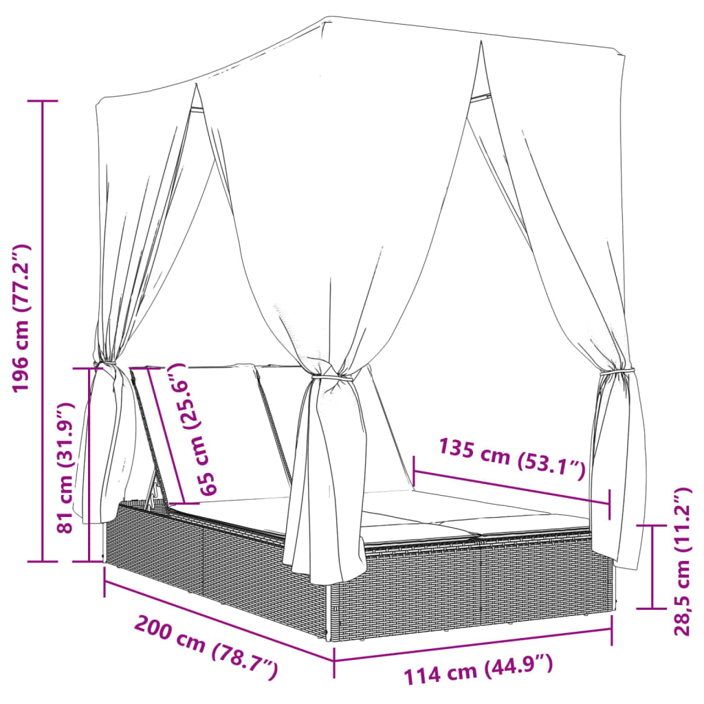 Bain de soleil double avec toit et rideaux en polyrotin marron