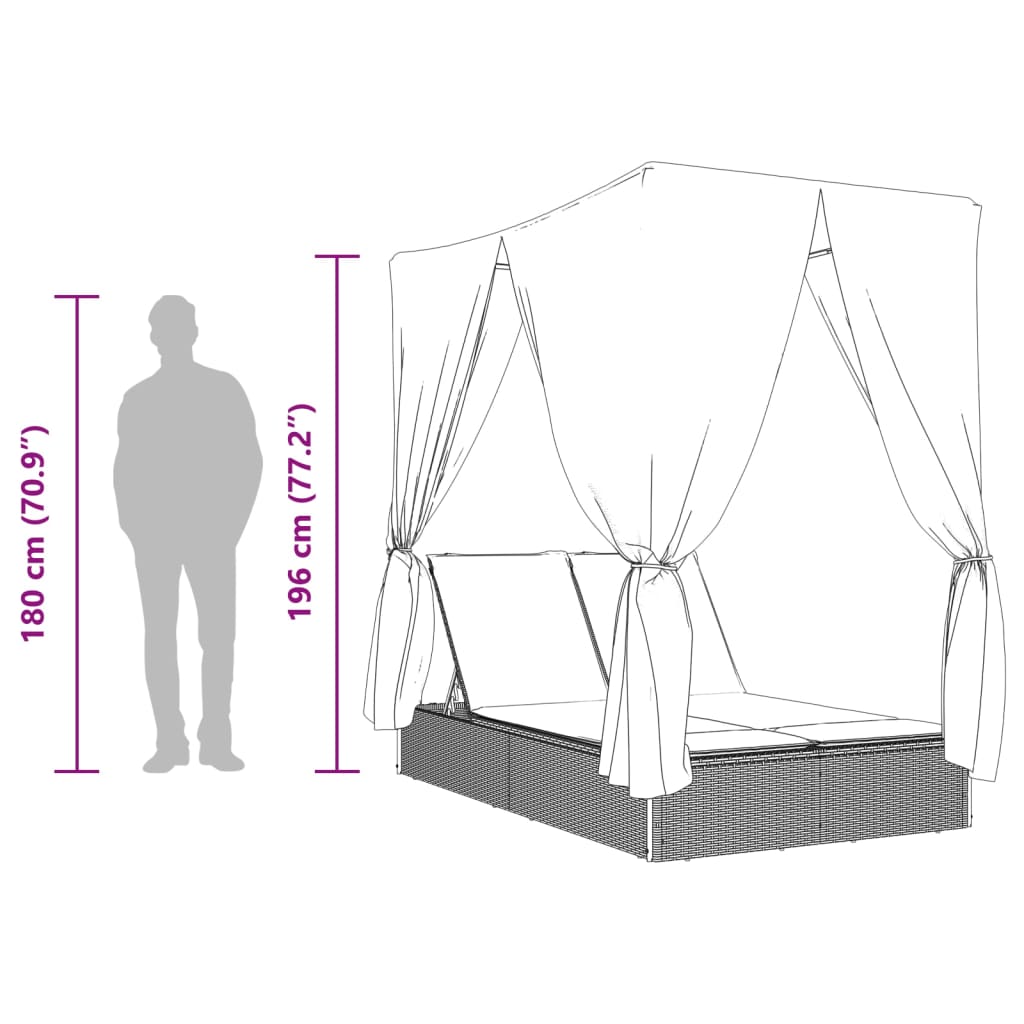 Bain de soleil double avec toit et rideaux en polyrotin marron