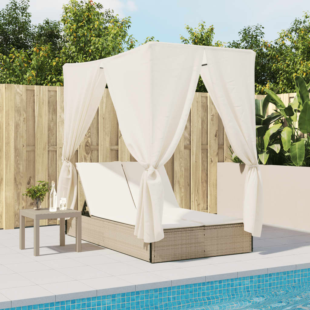 Bain de soleil double avec toit et rideaux en polyrotin beige