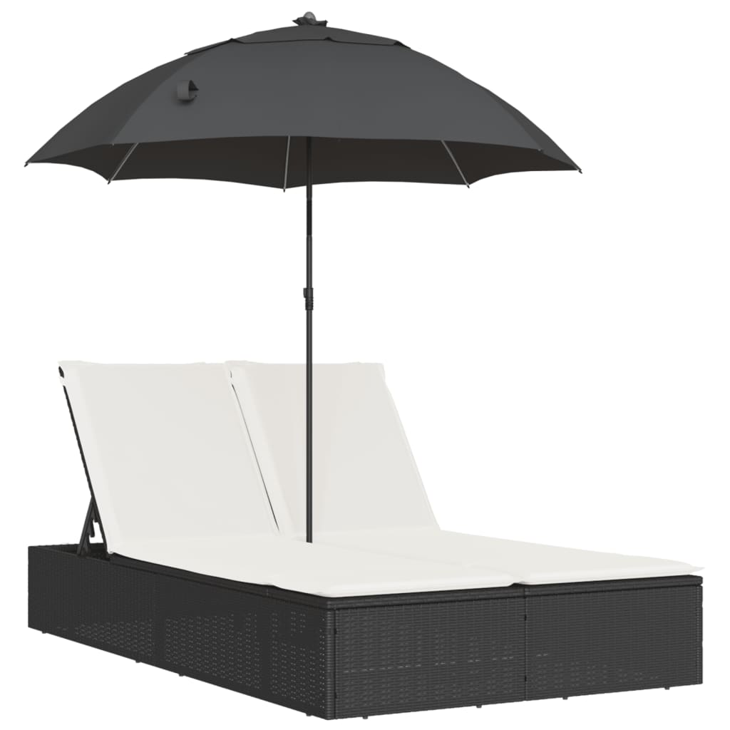 Bain de Soleil Double avec Coussin &amp; Parasol Poly Rotin Noir