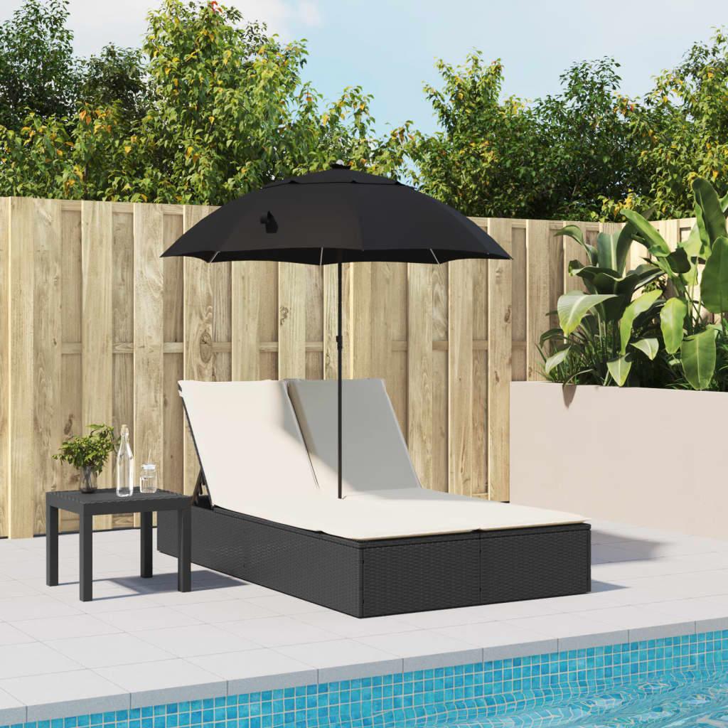 Bain de Soleil Double avec Coussin &amp; Parasol Poly Rotin Noir