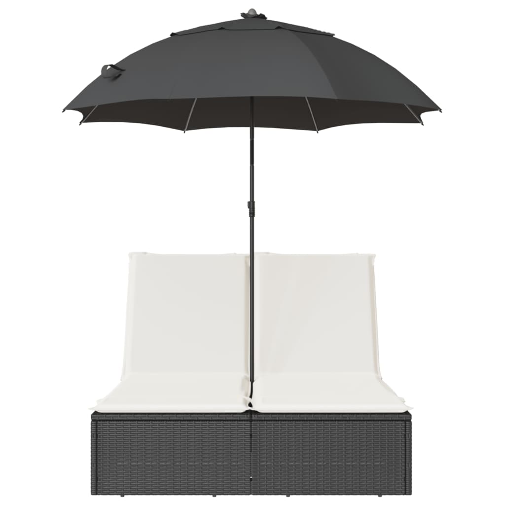 Bain de Soleil Double avec Coussin &amp; Parasol Poly Rotin Noir