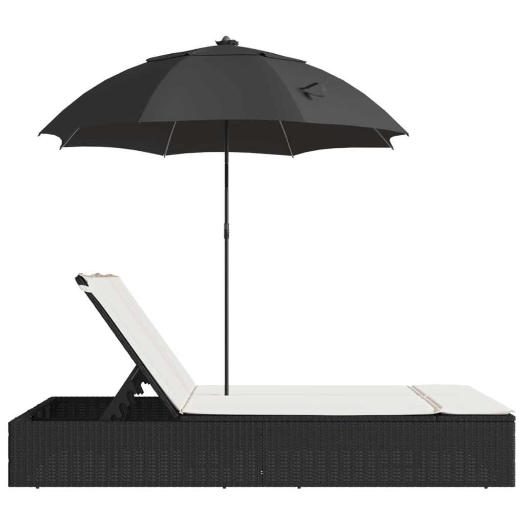 Bain de Soleil Double avec Coussin &amp; Parasol Poly Rotin Noir