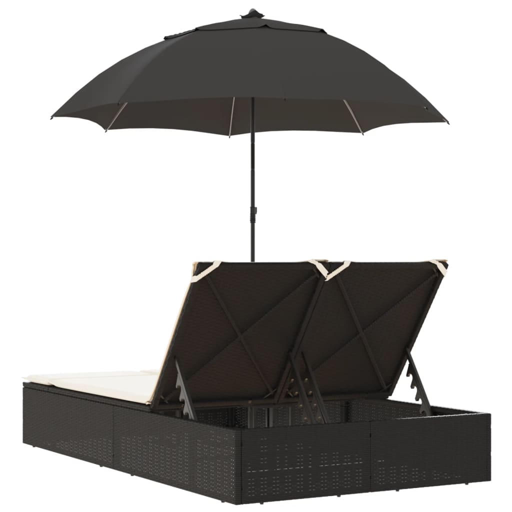 Bain de Soleil Double avec Coussin &amp; Parasol Poly Rotin Noir