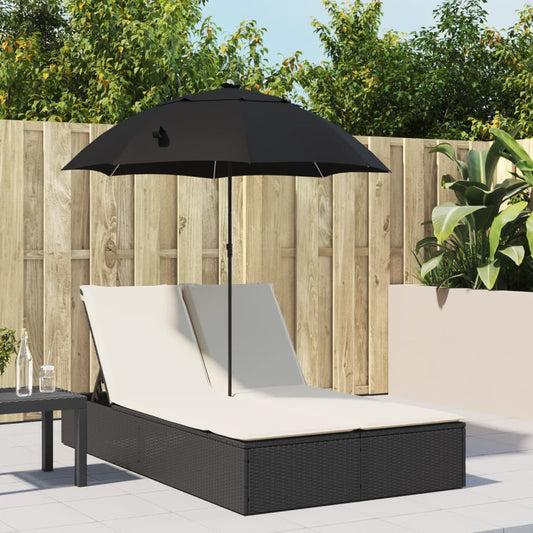 Bain de Soleil Double avec Coussin &amp; Parasol Poly Rotin Noir