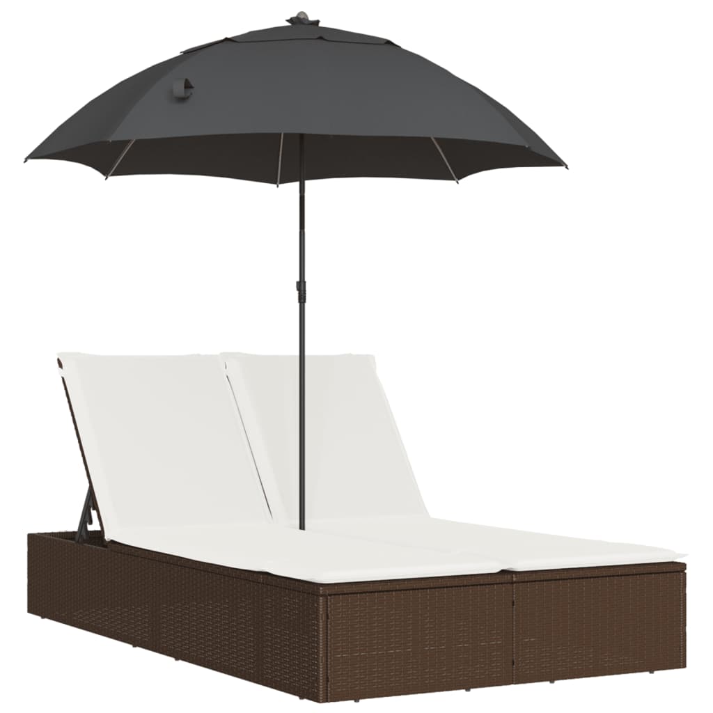 Bain de soleil double avec coussins et parasol en polyrotin marron