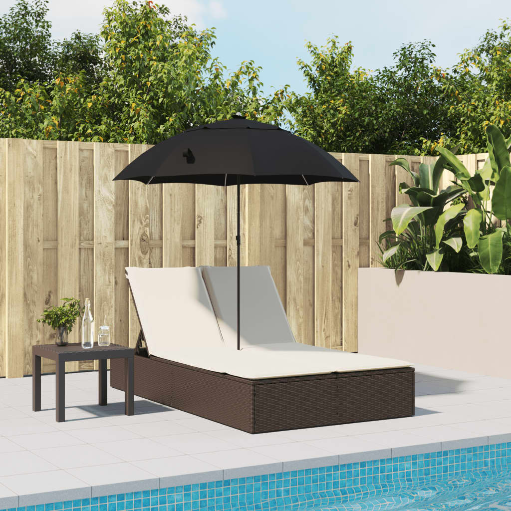 Bain de soleil double avec coussins et parasol en polyrotin marron