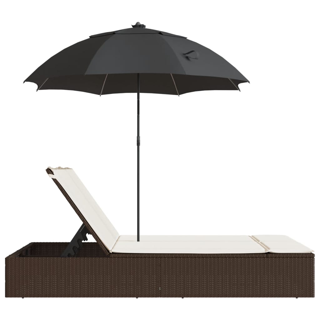 Bain de soleil double avec coussins et parasol en polyrotin marron