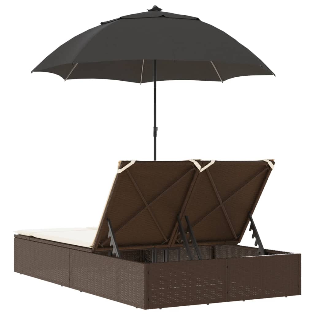 Bain de soleil double avec coussins et parasol en polyrotin marron