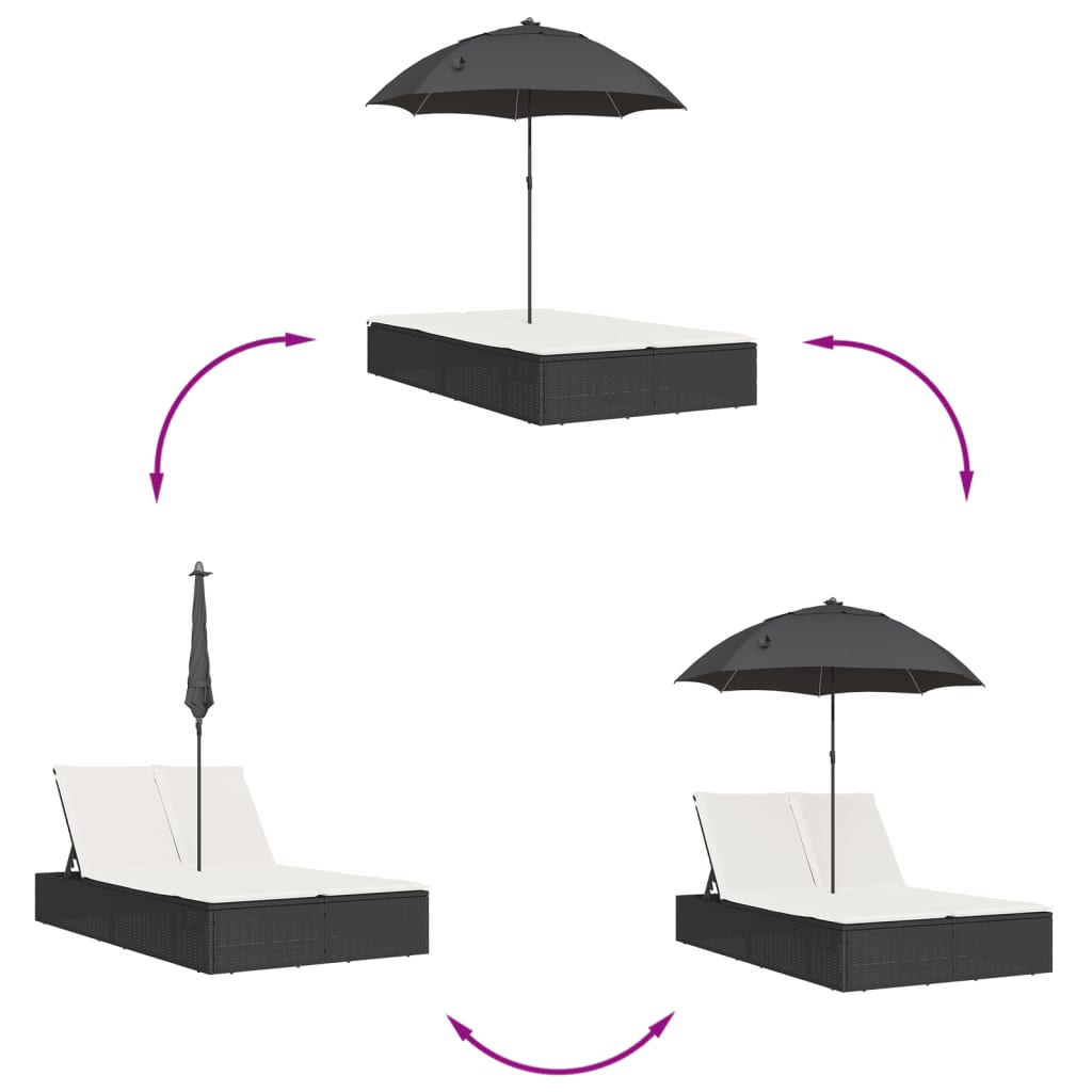 Bain de soleil double avec coussins et parasol en polyrotin marron