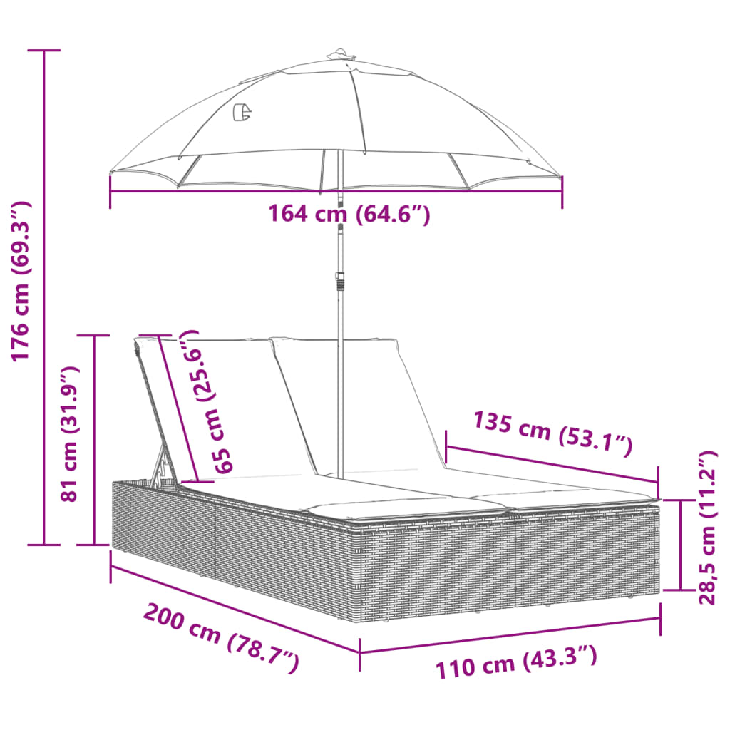 Bain de soleil double avec coussins et parasol en polyrotin marron