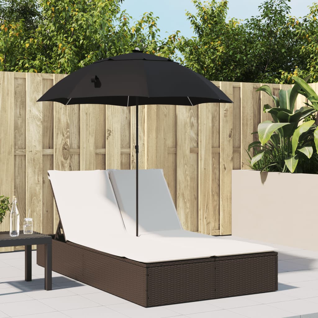 Bain de soleil double avec coussins et parasol en polyrotin marron