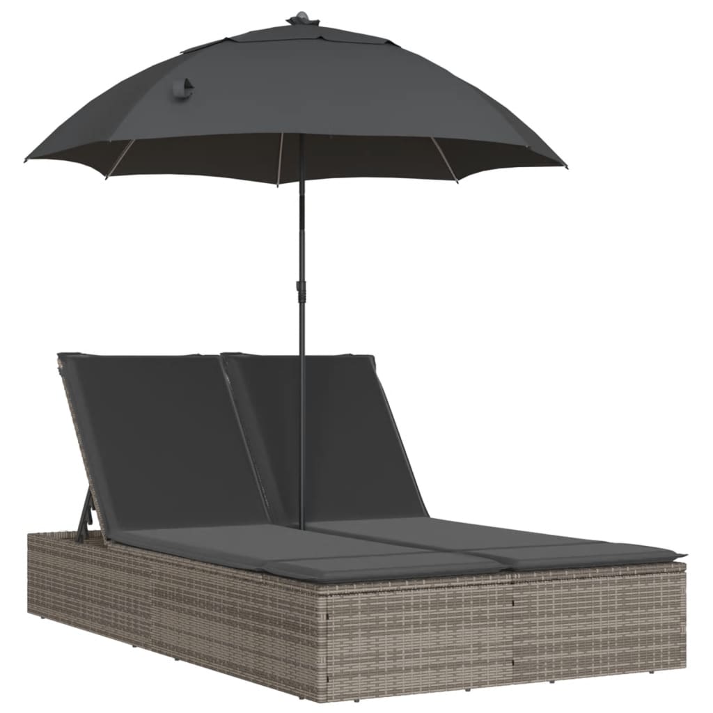 Bain de Soleil Double avec Coussin &amp; Parasol Poly Rotin Gris