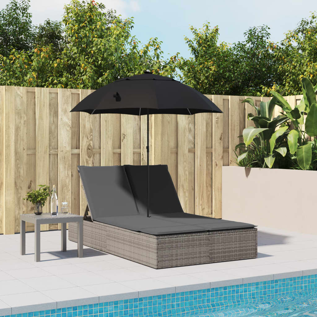 Bain de Soleil Double avec Coussin &amp; Parasol Poly Rotin Gris